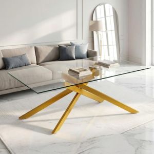 Mesa de centro retangular em vidro e metal dourado 46x120x60cm