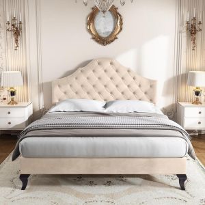 Cama 140x190cm com cabeceira ajustável e estrado de ripas bege