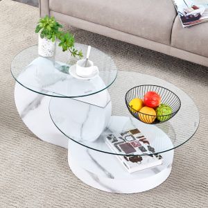 Mesa de centro duas camadas mármore branco vidro 70x50cm