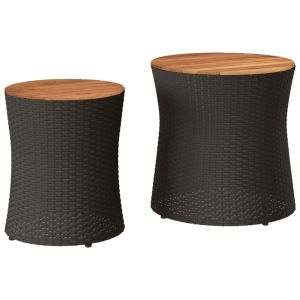 Mesas de apoio p/ jardim c/ tampo de madeira 2pcs vime pe preto