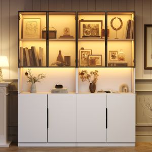 Vitrina com luz LED e portas em vidro branco 200x160x30cm