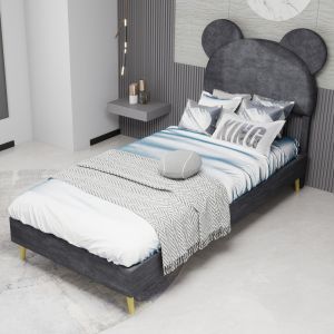 Cama estofada 90x200cm com arrumação cabeceira divertida tecido – cinzento