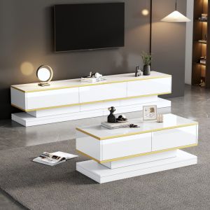 Conjunto móvel de tv e mesa de centro branco e dourado 40x200x40cm