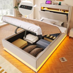 Cama estofada 90x200cm com arrumação usb e LED linho – bege