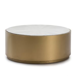 Mesa de centro 100x100x41 em madeira branca com detalhes em metal dourado.