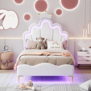 Cama 90x200cm coroa de princesa com fita LED regulável, branca