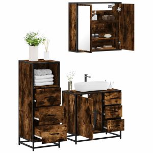 3 pcs conjunto de móveis wc madeira processada carvalho fumado ptr6681