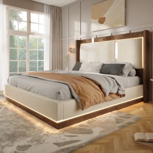 Cama estofada 140x200cm com LED e arrumação linho bege