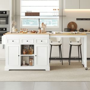 Ilha de cozinha com rodas e 3 gavetas branco e natural 92x188x45cm