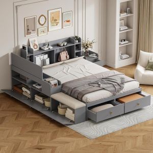 Cama combinada de madeira maciça 140x200cm com arrumação cinza