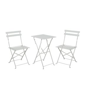Conjunto de terraço metálico dobrável com 2 cadeiras e mesa quadrada branca