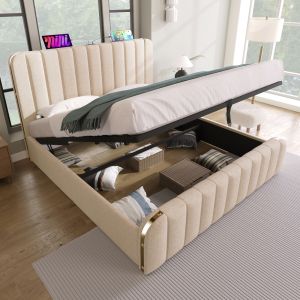 Cama estofada 140x200cm com arrumação e usb linho – bege