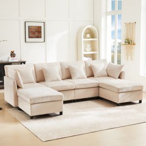 Sofá modular em l ou u chenille bege 4-6 lugares com 2 pufes e 6 almofadas