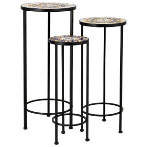 Conjunto de 3 suportes em mosaico amarelo e ferro forjado d30x68h-d25x