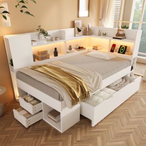 Cama com arrumação 90x200cm com LED usb tipo c madeira – cor branca