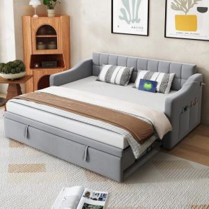 Sofá-cama extensível 90/180x190cm usb, saco de arrumação, cinzento