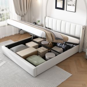 Cama estofada 140x200cm com arrumação LED e usb pele sintética – branco