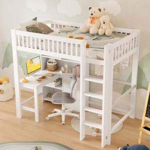 Cama alta 90x200cm com secretária e arrumação madeira branco