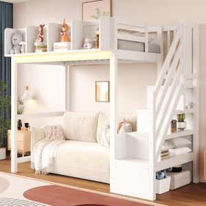 Cama elevada 90x200cm com arrumação e LED madeira – branco