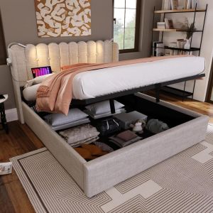 Cama casal com arrumação 140x200cm, luz LED de leitura e usb natural