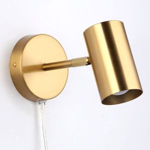 Aplique parede alumínio dourado, foco orientável, plug E27