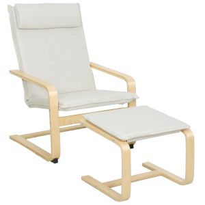 Poltrona com otomano linho sintético, madeira de abedul color beige