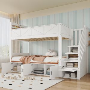 Beliche 90x200cm com escada de arrumação e armários mdf – branco