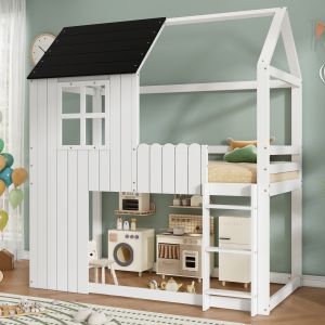 Cama casinha elevada 90x200cm escada 3 degraus madeira branco preto