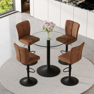Conjunto mesa de bar redonda vidro e 4 bancos giratórios tecido castanho