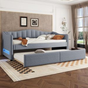 Cama com gaveta 90x200cm linho extensível LED cinza