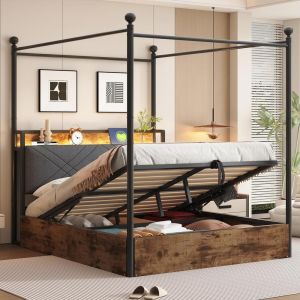 Cama de casal com arrumação hidráulica, LED usb-c, 140x190cm, preta