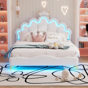 Cama princesa 140x200cm com coroa rosa, LED multicolor, branca