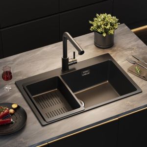 Pia de cozinha em granito 70x45cm - pia com 1 cuba preta e cesta de escorri