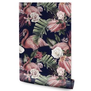 Papel de parede flaming rosas pássaros folhas tropicais