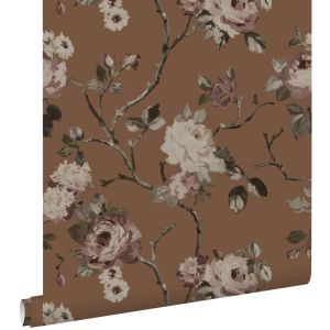 Estahome papel de parede flores vintage castanho terracota 50 x 900 cm