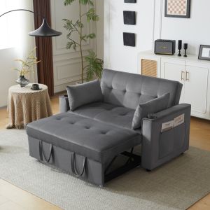 Sofá cama dobrável em veludo cinzento 2 lugares com porta copos