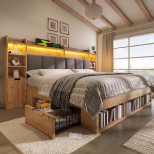 Cama de casal 180x200cm com arrumação LED e tomadas mdf e metal – carvalho