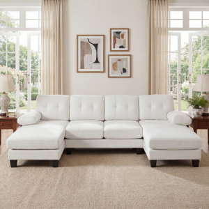 Sofá em u com duas chaise longue em chenille bege 4 a 6 lugares