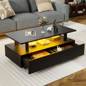 Mesa de centro com luz LED, 2 gavetas e bandeja branca 35,5x90x45cm