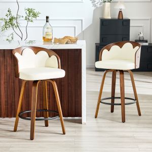 Taburete de bar florido de madera y piel sintetica blanca con reposapies