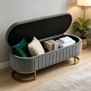 Banco de cama acolchoado com arrumação em veludo cinzento claro 130 cm