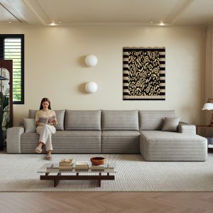 Sofá de canto modular em l com chaise longue em bombazina riscada camel