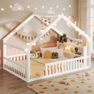 Cama infantil 140x190cm casinha com arrumação madeira de pinheiro – branco