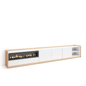 Móvel de tv, 310x37x50cm, branco e carvalho soft, lareira eléctrica rf4325