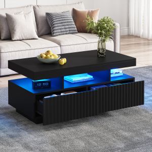 Mesa de centro com LED e 2 gavetas preta 45x100x50cm