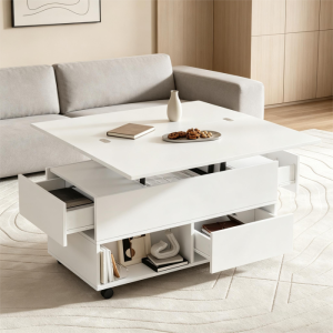 Mesa de centro elevável com rodas 4 gavetas branco 52x100x50cm