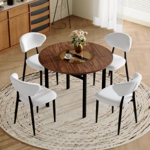 Conjunto jantar redonda 100cm mdf/vidro 4 lugares castanho/branco