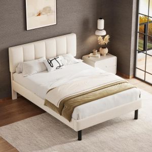Cama de casal sherpa 140x190cm com somier de ripas bege