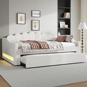 Cama com gavetão 140x200cm com LED multicolor, estrado, bege