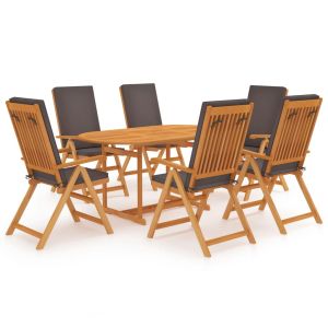 Conjunto de jantar de jardim 7 peças com teca maciça e almofadas cinza